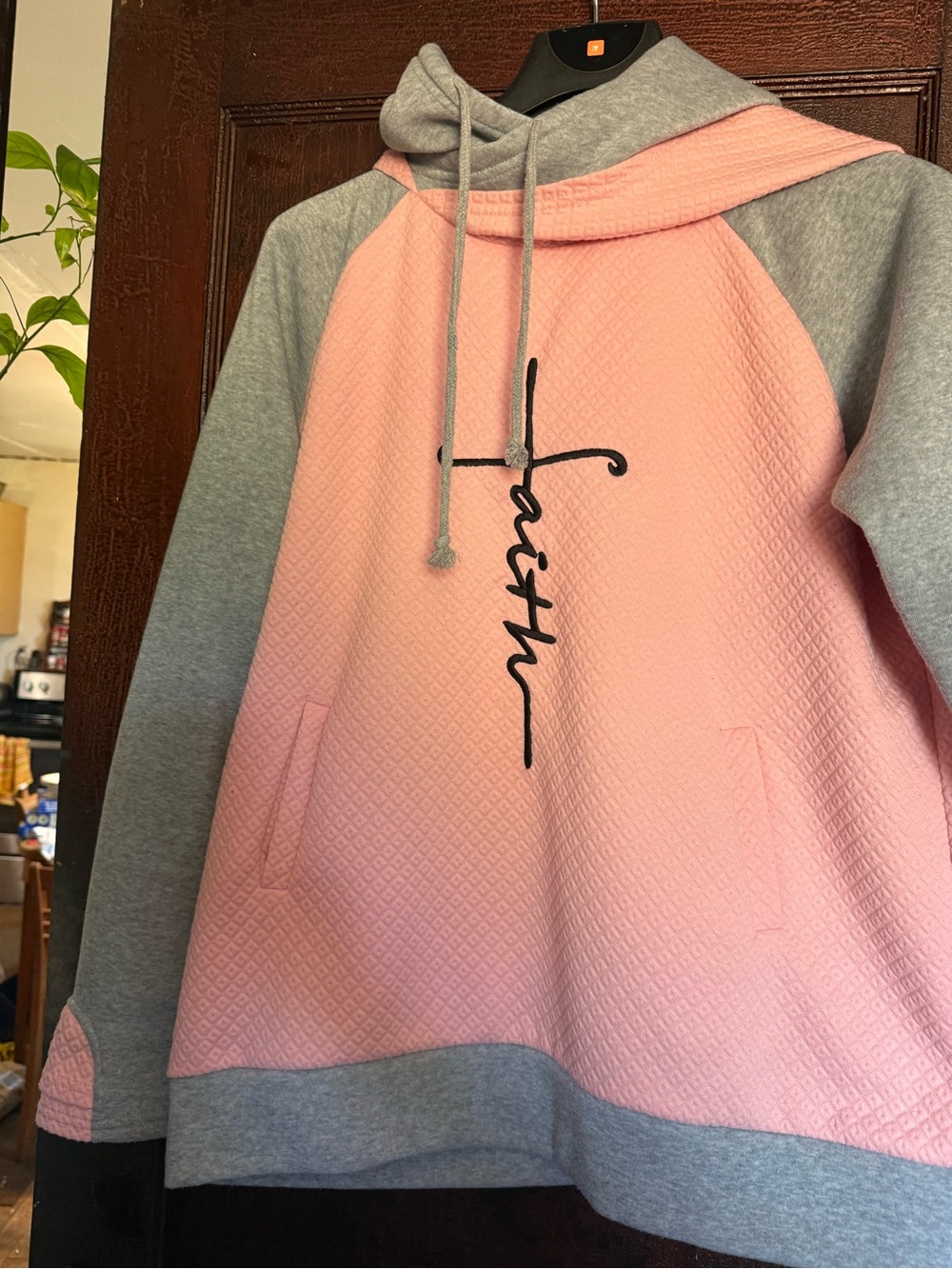 Women’s XL Pink and Gray Hooded Pullover Sweatshirt with 'Faith' Script